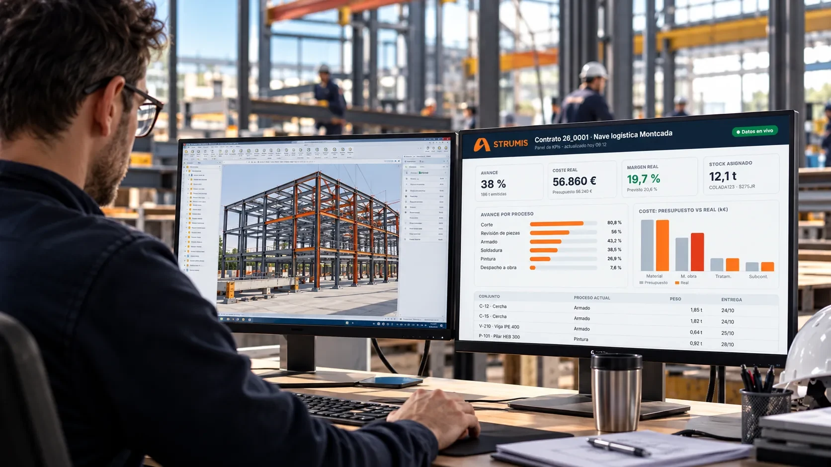 Técnico revisando en dos monitores un modelo 3D de estructura metálica y el panel de KPIs de STRUMIS